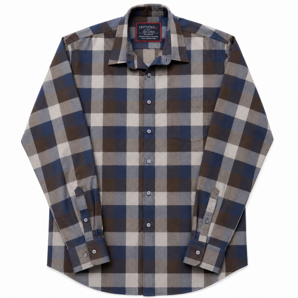 UNTUCKit Men’s XXXL Relaxed Fit Plaid Button Down Shirt Blue Brown Stretch